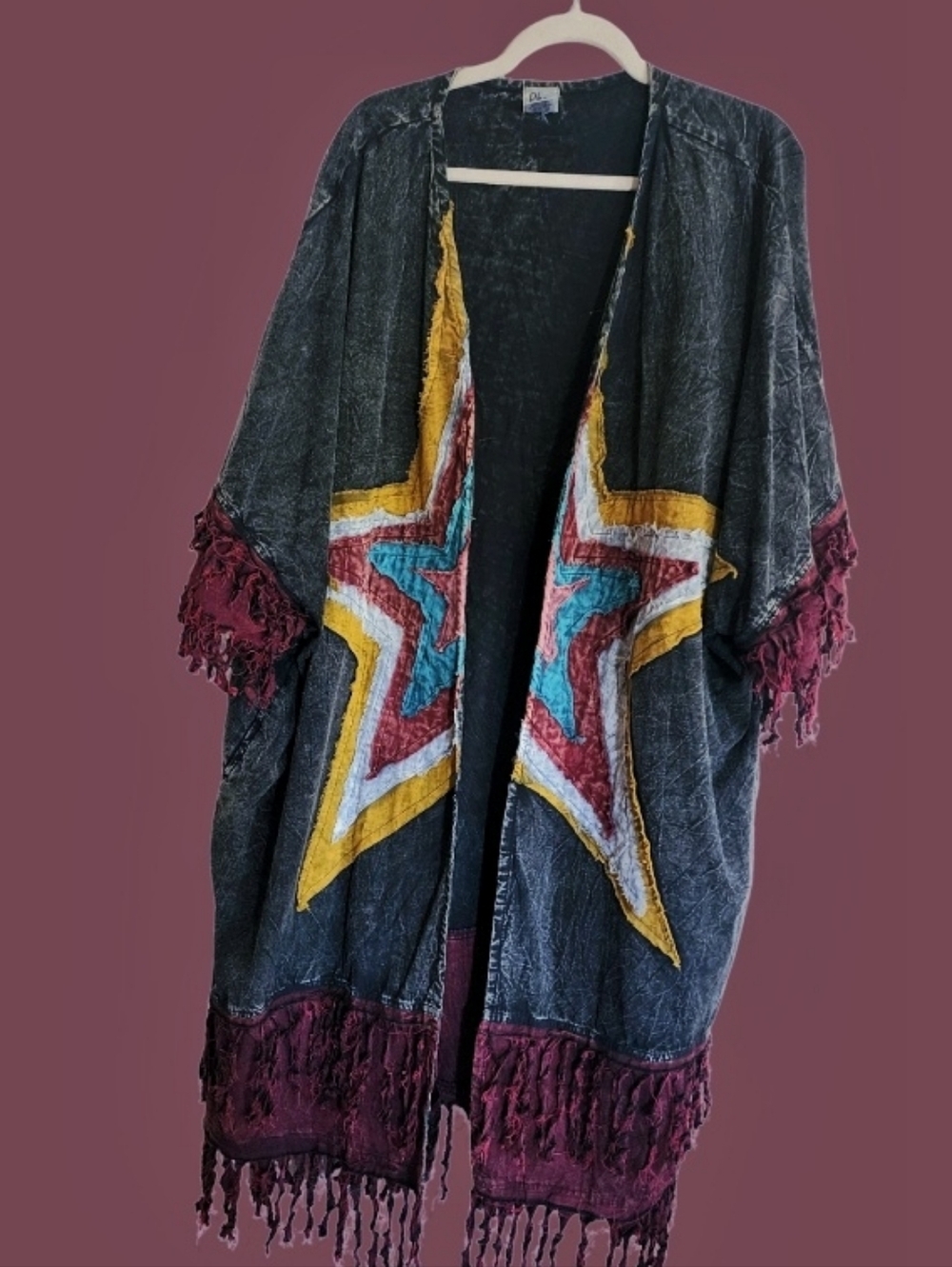 Boho Star Fringe Kimono Duster - Black With Burgundy & Mustard Accents
